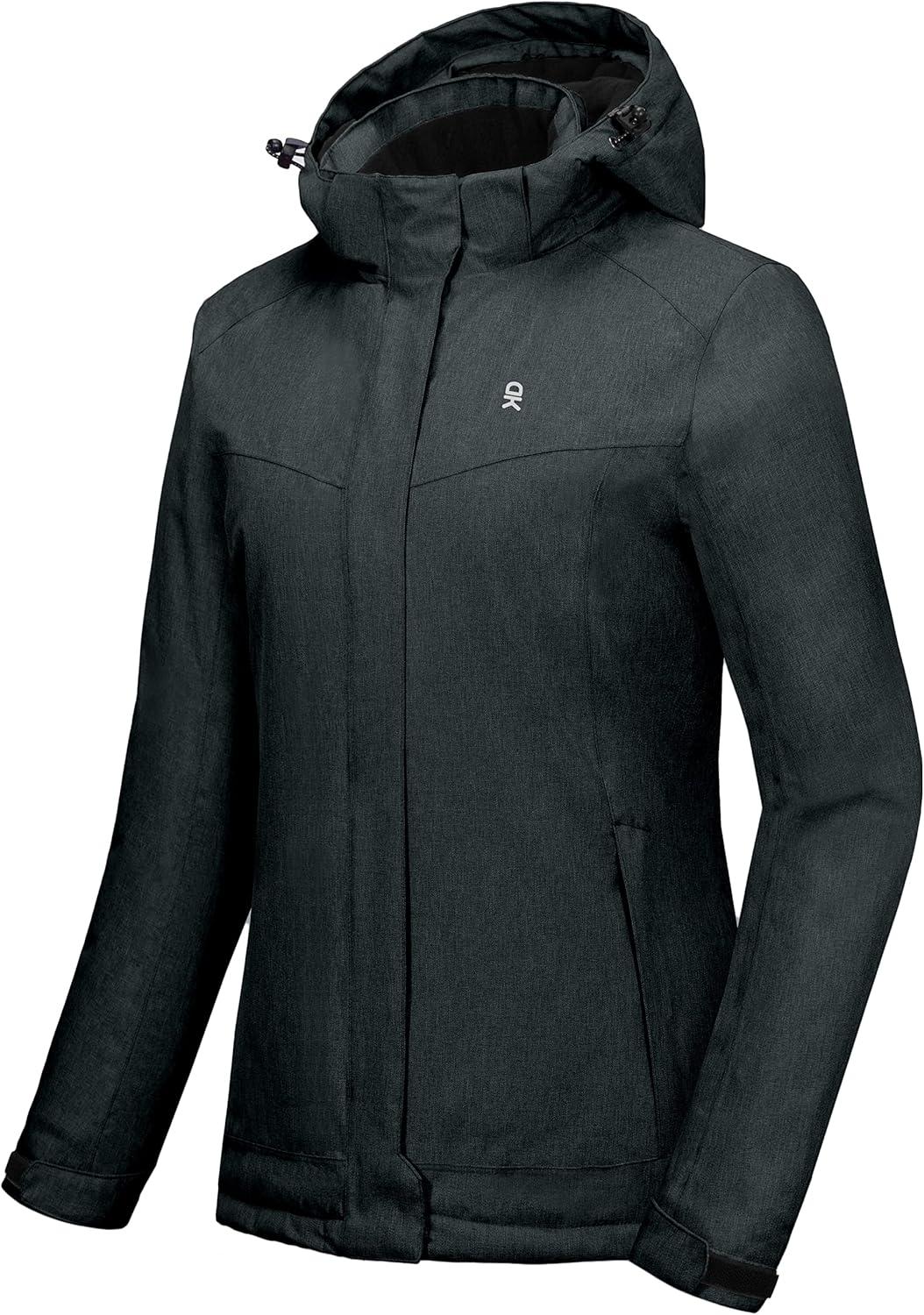 imageLittle Donkey Andy Womens Waterproof Hiking Skiing Jacket with Removable Hood Fleece Lined Winter Warm Rain CoatBlack
