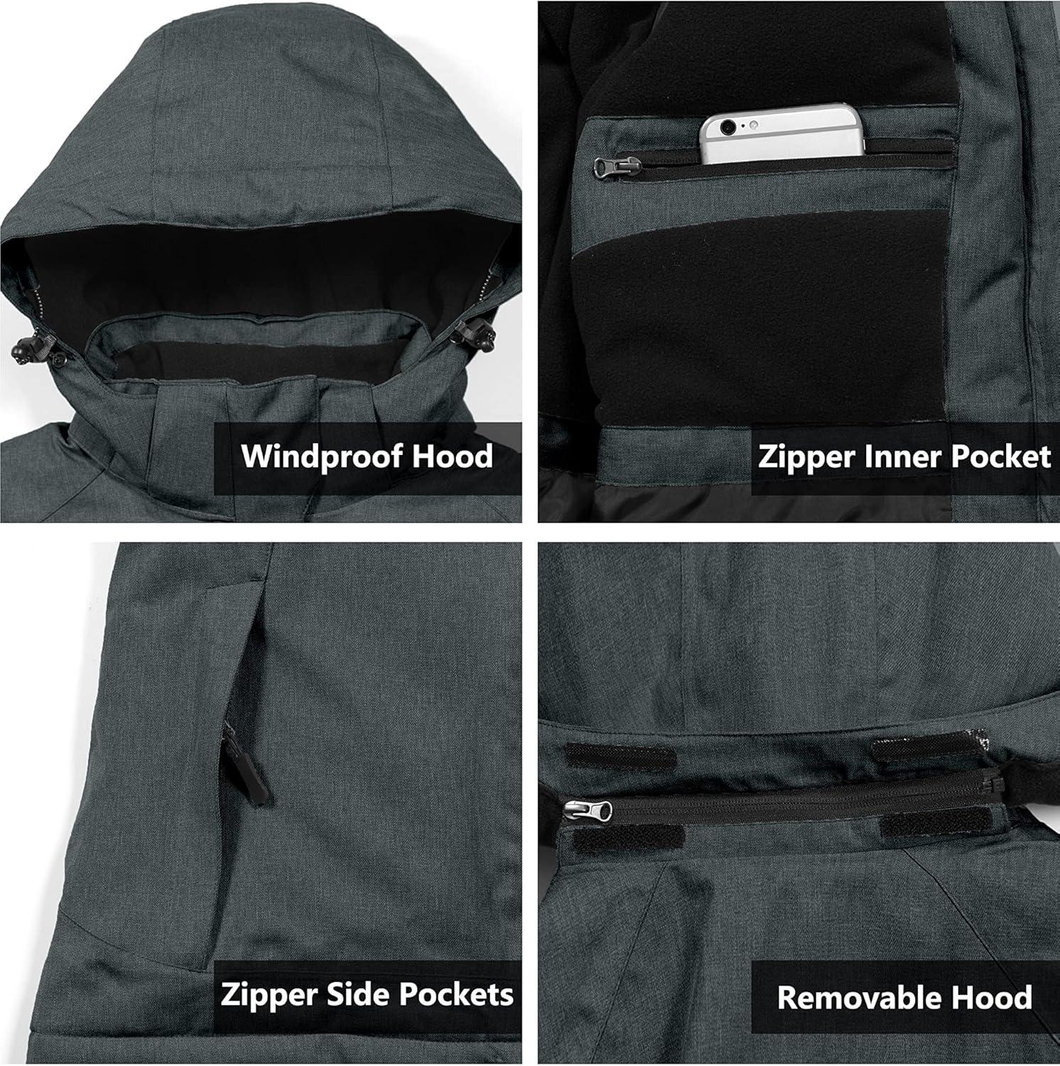 imageLittle Donkey Andy Womens Waterproof Hiking Skiing Jacket with Removable Hood Fleece Lined Winter Warm Rain CoatBlack