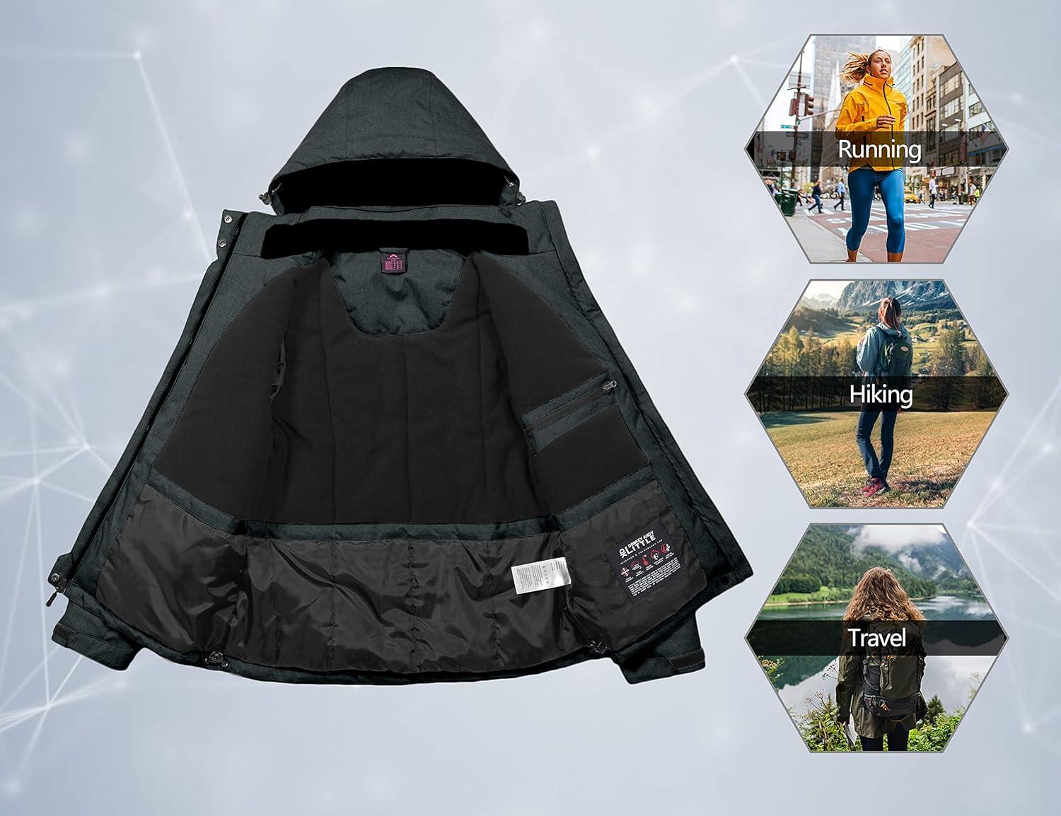 imageLittle Donkey Andy Womens Waterproof Hiking Skiing Jacket with Removable Hood Fleece Lined Winter Warm Rain CoatBlack