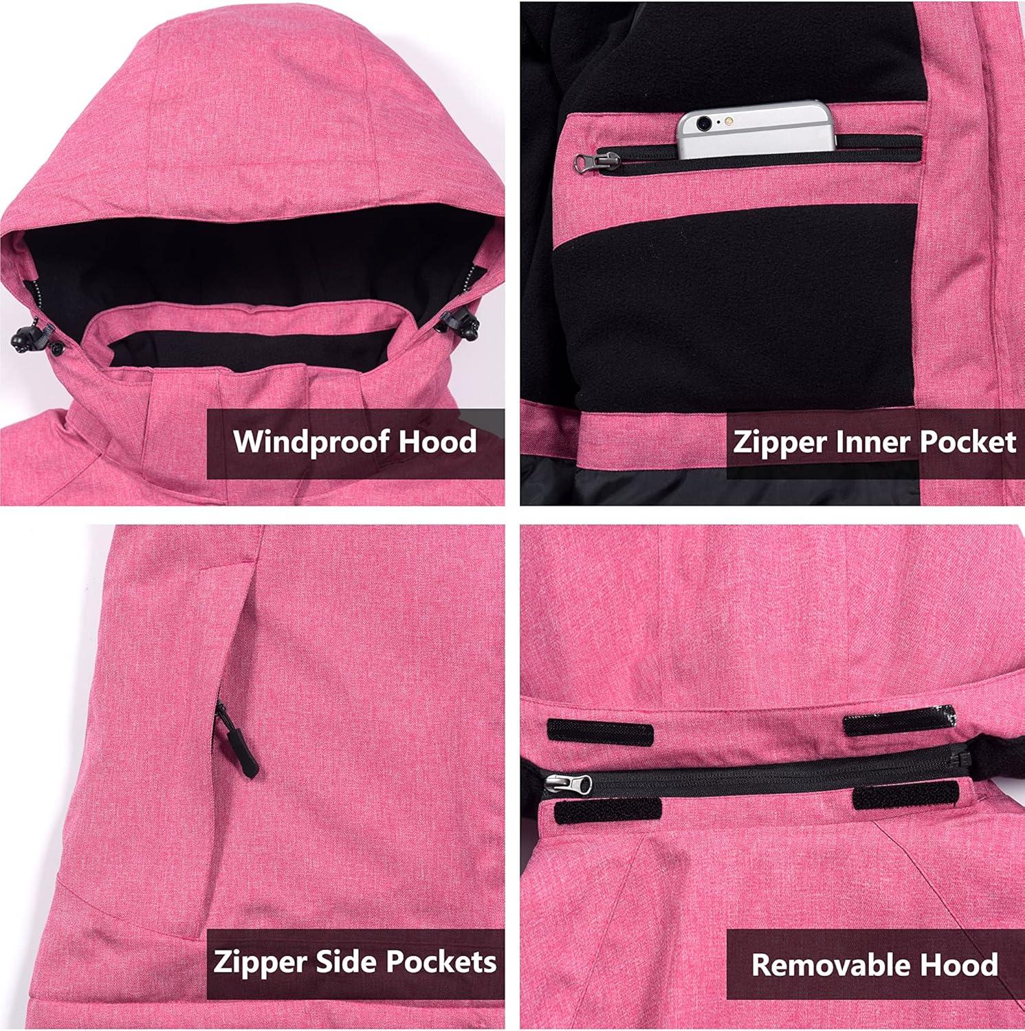 imageLittle Donkey Andy Womens Waterproof Hiking Skiing Jacket with Removable Hood Fleece Lined Winter Warm Rain CoatRose