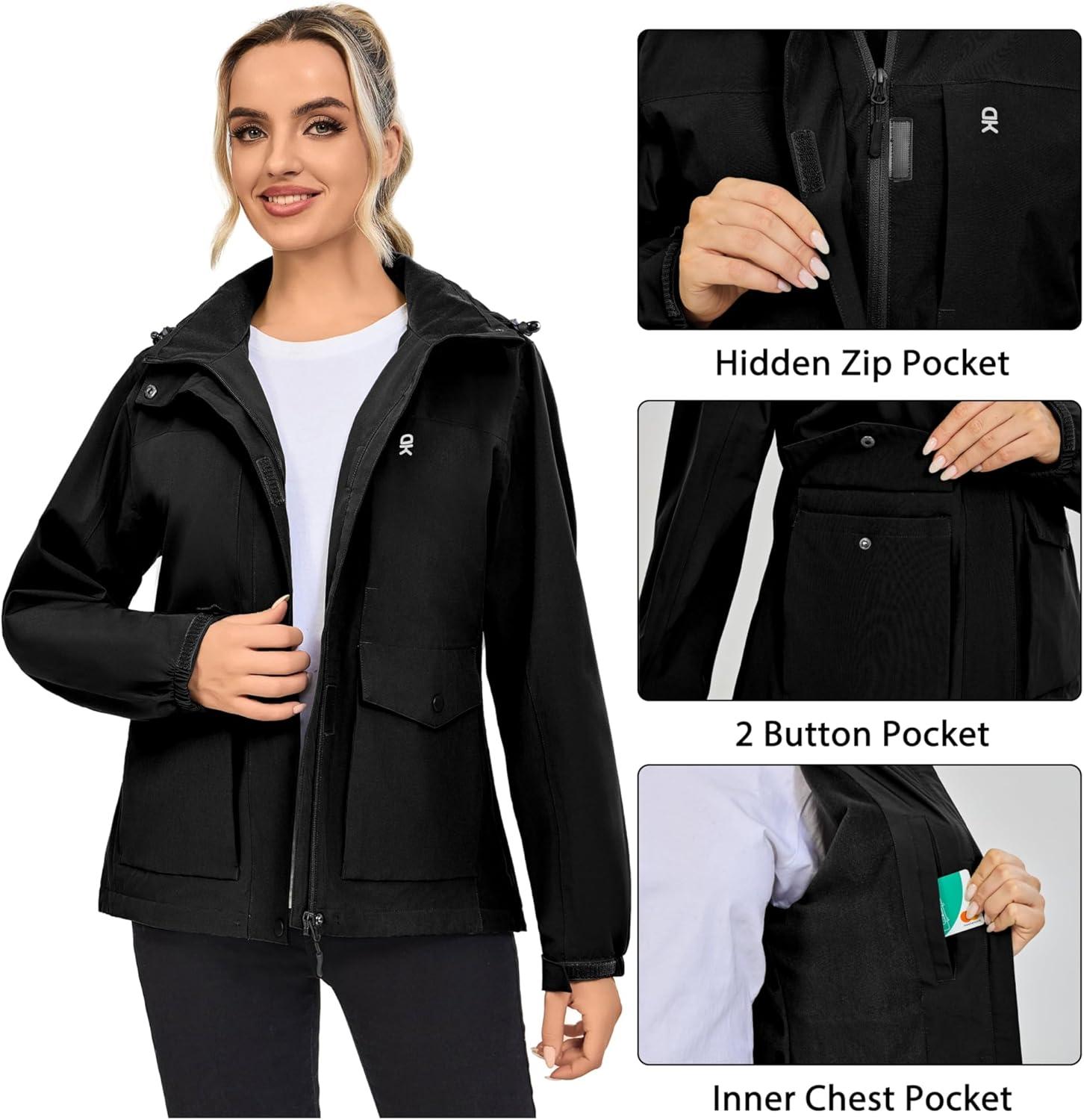 imageLittle Donkey Andy Womens Waterproof Rain jacket with Hood Lightweight Windbreaker Raincoat Shell for Camping HikingBlack
