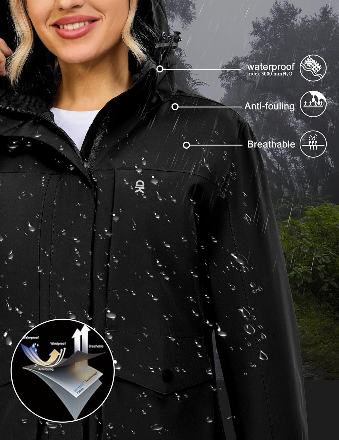 imageLittle Donkey Andy Womens Waterproof Rain jacket with Hood Lightweight Windbreaker Raincoat Shell for Camping HikingBlack