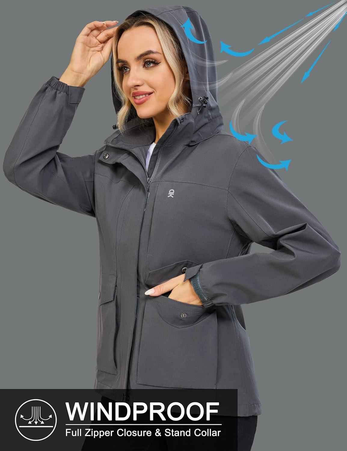 imageLittle Donkey Andy Womens Waterproof Rain jacket with Hood Lightweight Windbreaker Raincoat Shell for Camping HikingGrey
