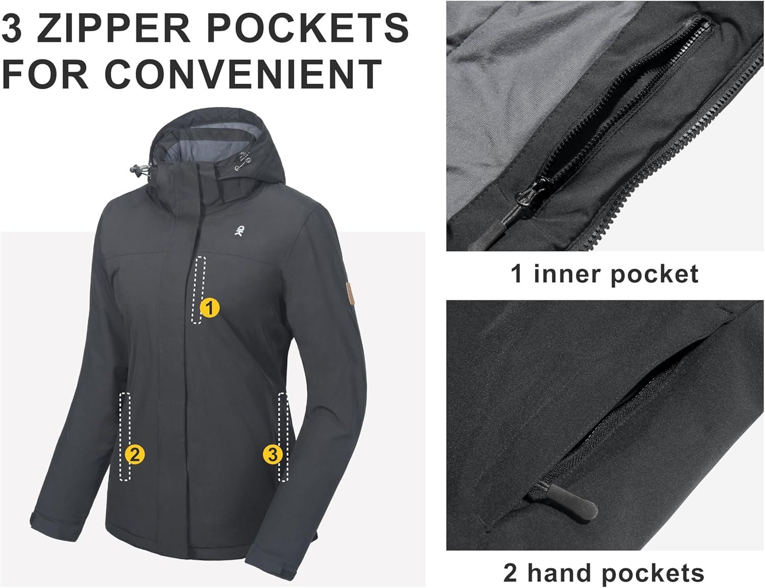 imageLittle Donkey Andy Womens Waterproof Ski Snowboarding Jacket Windproof Warm Coat with Detachable HoodBlack