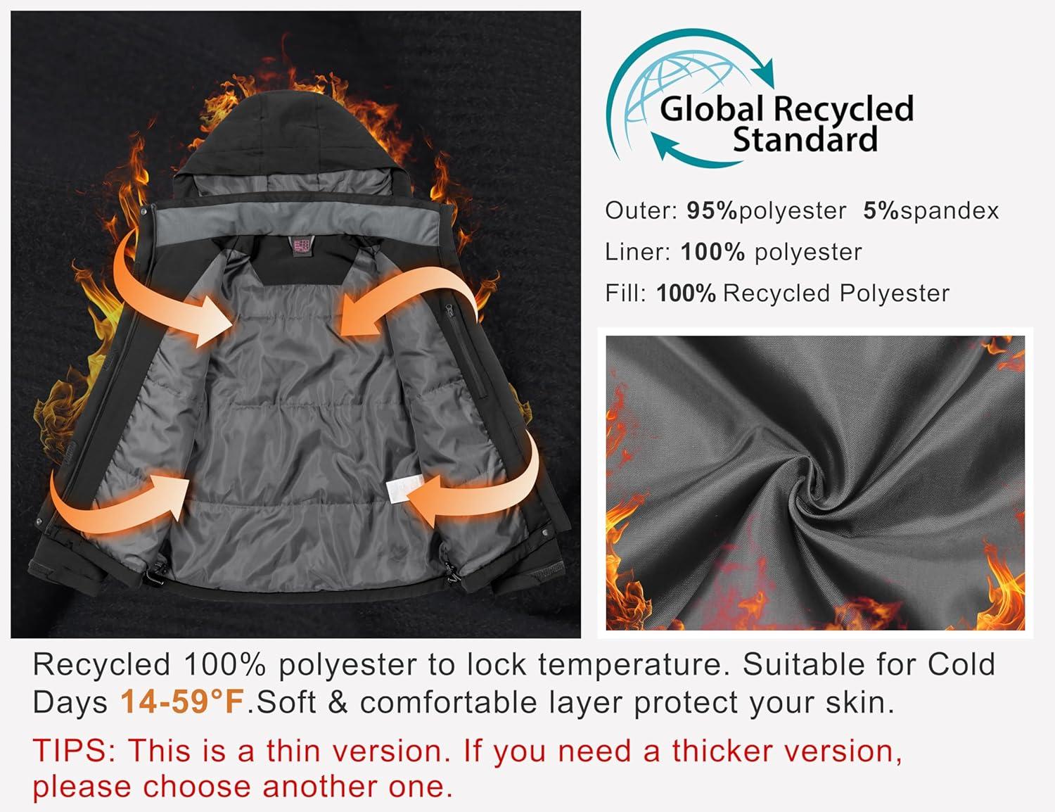 imageLittle Donkey Andy Womens Waterproof Ski Snowboarding Jacket Windproof Warm Coat with Detachable HoodBlackthin Polyesterfill polyster Lining