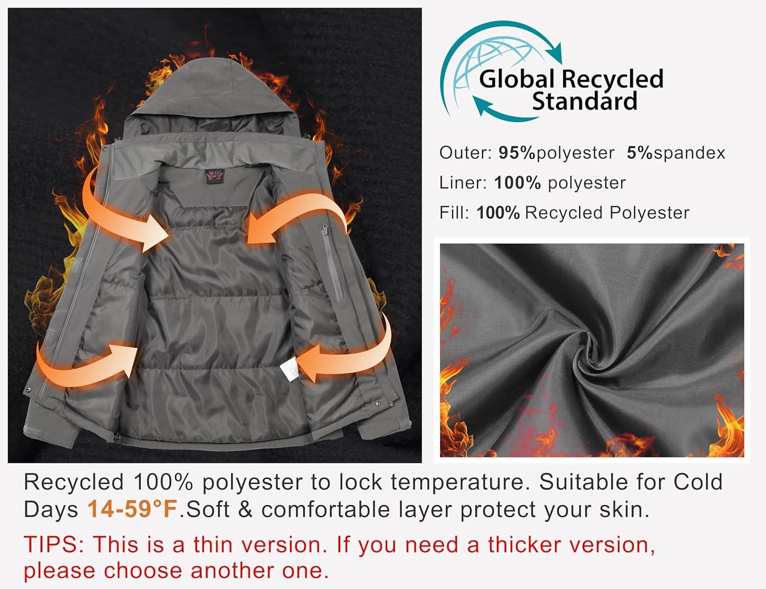 imageLittle Donkey Andy Womens Waterproof Ski Snowboarding Jacket Windproof Warm Coat with Detachable HoodGreythin Polyesterfill polyster Lining