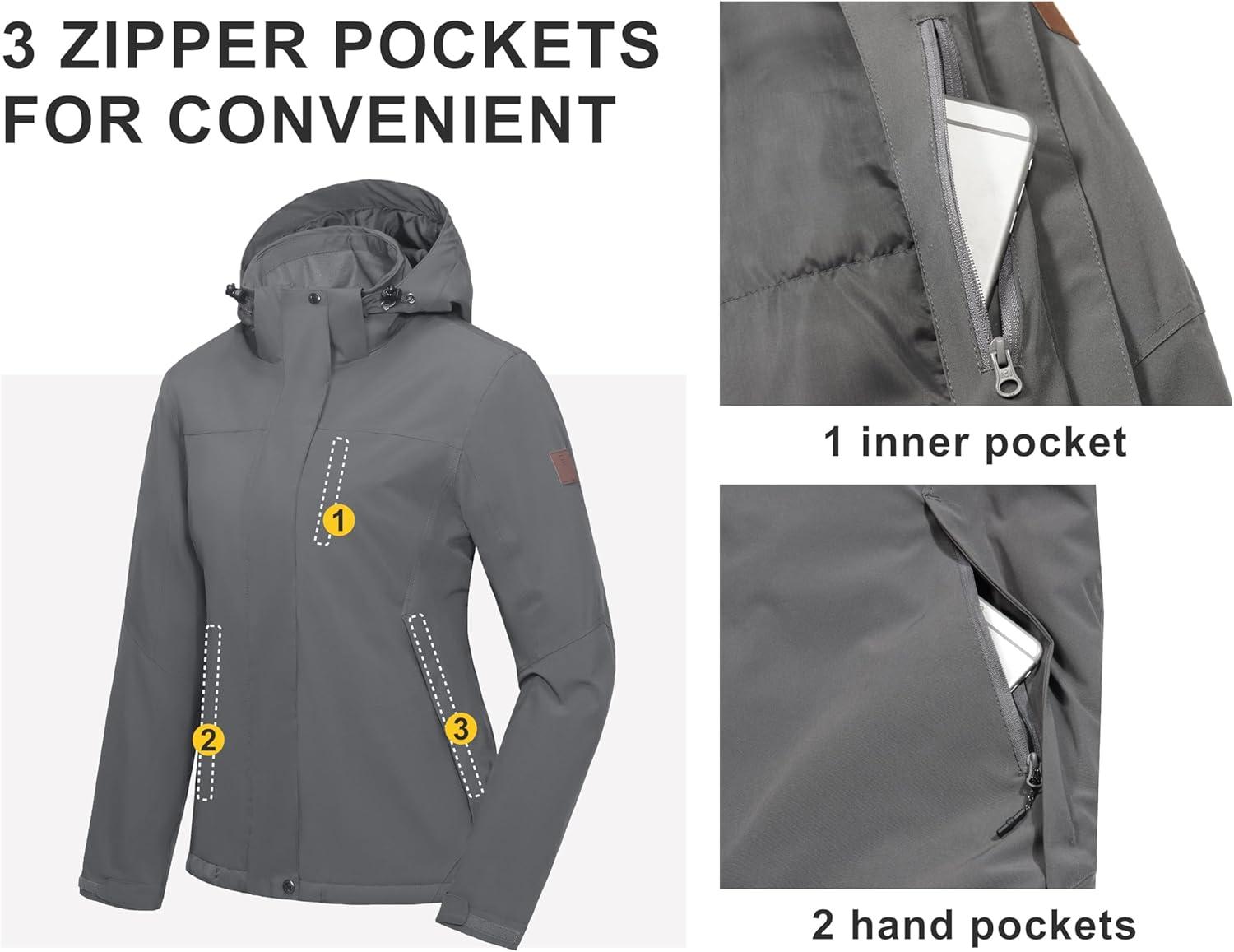 imageLittle Donkey Andy Womens Waterproof Ski Snowboarding Jacket Windproof Warm Coat with Detachable HoodGreythin Polyesterfill polyster Lining