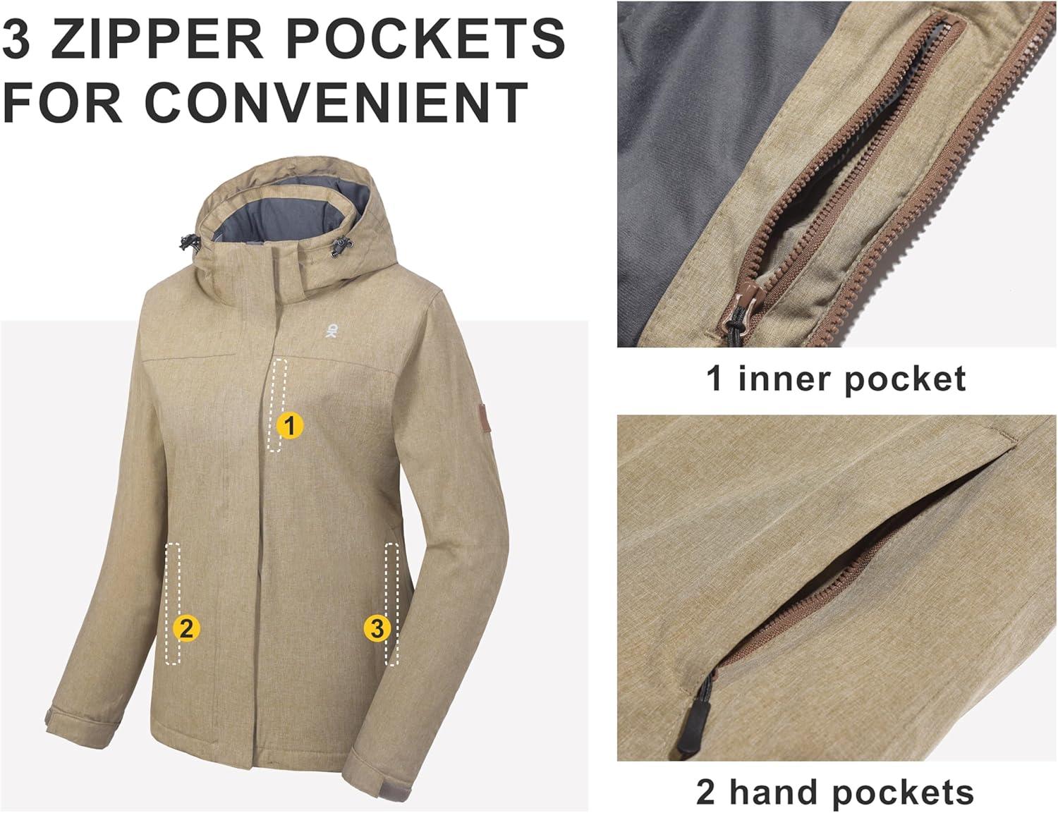 imageLittle Donkey Andy Womens Waterproof Ski Snowboarding Jacket Windproof Warm Coat with Detachable HoodKhaki Heather