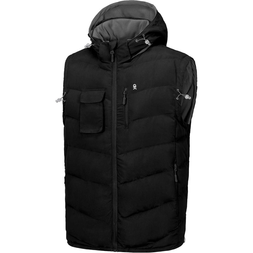 imageLittle Donkey Andy Mens Reversible Fleece Puffy Vest Warm Sleeveless Puffer Jacket with Removable Hood for Golfing HikingBlack