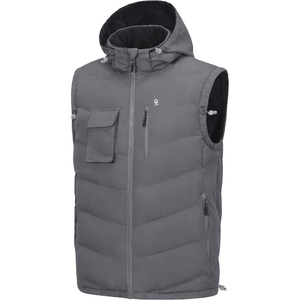 imageLittle Donkey Andy Mens Reversible Fleece Puffy Vest Warm Sleeveless Puffer Jacket with Removable Hood for Golfing HikingGrey
