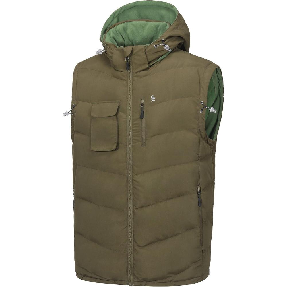 imageLittle Donkey Andy Mens Reversible Fleece Puffy Vest Warm Sleeveless Puffer Jacket with Removable Hood for Golfing HikingLaurel Oak