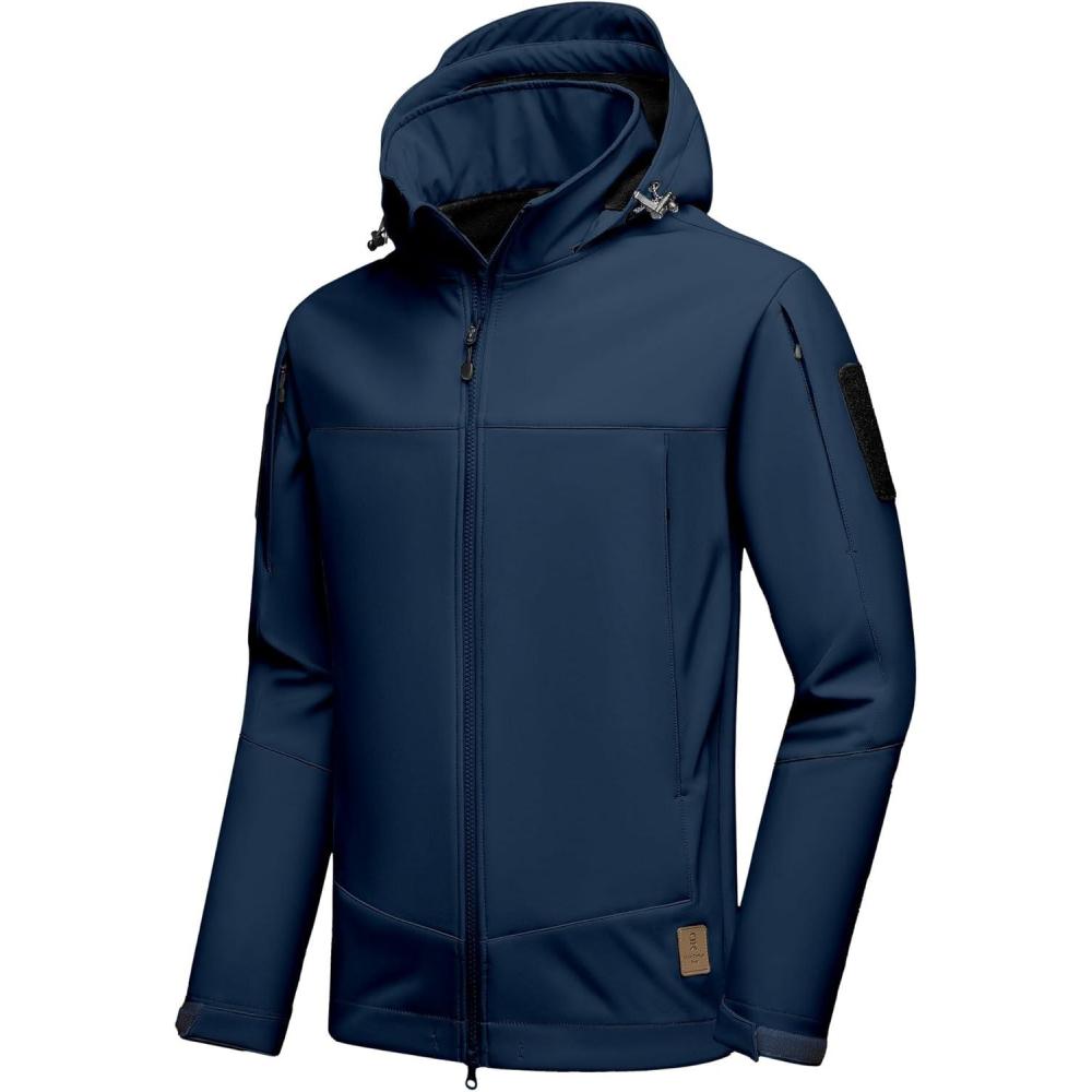 imageLittle Donkey Andy Mens Softshell Jacket Waterproof Hooded Windbreaker Rain with 8 Pockets Tactical Hiking Fleece LinedDark Blue