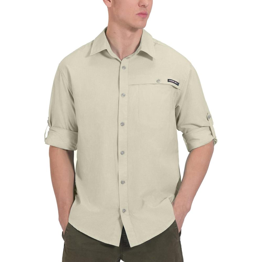 imageLittle Donkey Andy Mens UPF 50 UV Protection Shirt Breathable Long Sleeve Fishing Hiking Shirt AirHoles TechLight Khaki Heather