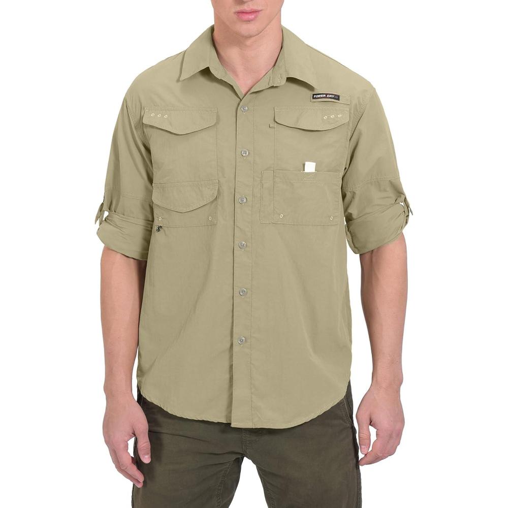 imageLittle Donkey Andy Mens UPF 50 UV Protection Shirt Long Sleeve Fishing Hiking ShirtKhakimultiple Pockets