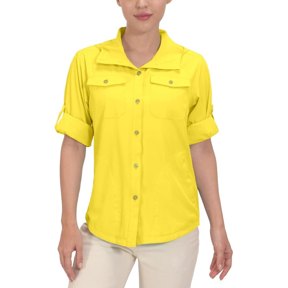imageLittle Donkey Andy Womens Hoodie Long Sleeve Shirt UPF 50 Sun Protection Outdoor Quick Dry Fishing Hiking ShirtsHood Lemon