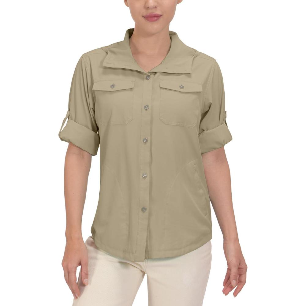 imageLittle Donkey Andy Womens Hoodie Long Sleeve Shirt UPF 50 Sun Protection Outdoor Quick Dry Fishing Hiking ShirtsHood New Khaki