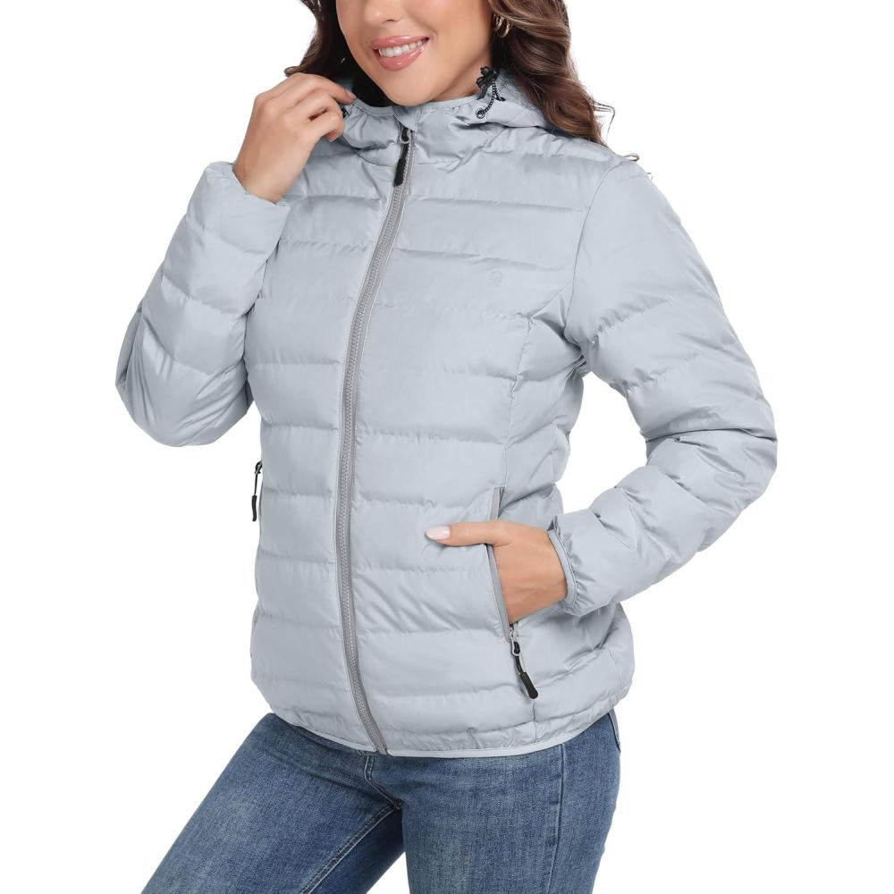 imageLittle Donkey Andy Womens Lightweight Puffer Jacket Hooded Windproof Winter CoatLight Grey Heather