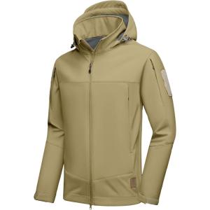 Little Donkey Andy Men’s Softshell Jacket Waterproof Hooded Windbreaker Rain with 8 Pockets Tactical Hiking Fleece Lined(Sand Color)