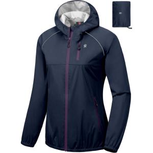Little Donkey Andy Women’s Lightweight Rain Cycling Stretch Jacket with Hood, Windproof and Waterproof, Ultralight Packable(Upgrade Hood-ensign Blue)