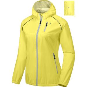 Little Donkey Andy Women’s Lightweight Rain Cycling Stretch Jacket with Hood, Windproof and Waterproof, Ultralight Packable(Upgrade Hood-lemon)