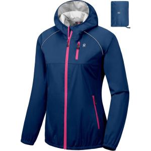 Little Donkey Andy Women’s Lightweight Rain Cycling Stretch Jacket with Hood, Windproof and Waterproof, Ultralight Packable(Upgrade Hood-navy)