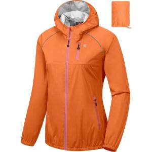 Little Donkey Andy Women’s Lightweight Rain Cycling Stretch Jacket with Hood, Windproof and Waterproof, Ultralight Packable(Upgrade Hood-orange)