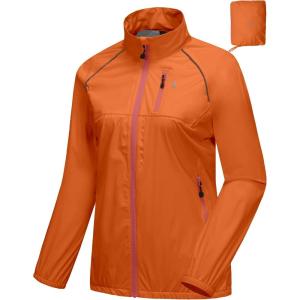 Little Donkey Andy Women’s Lightweight Rain Cycling Stretch Jacket with Hood, Windproof and Waterproof, Ultralight Packable(Upgrade Pocket-orange)