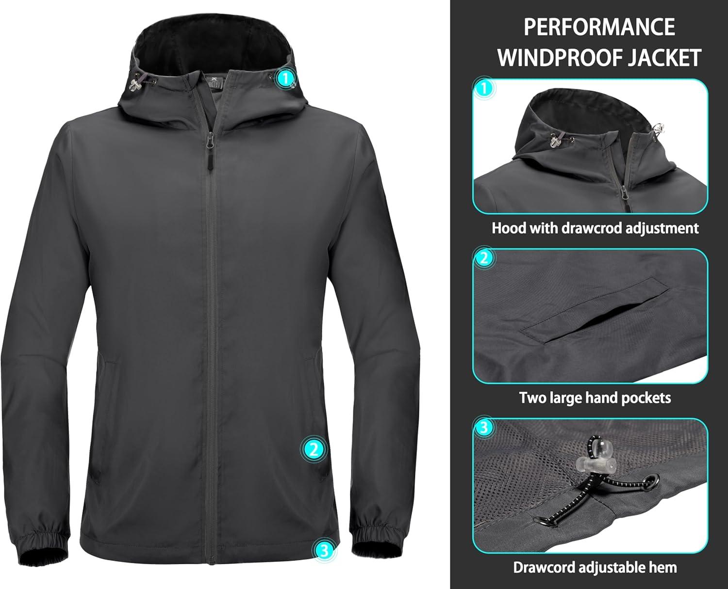 imageLittle Donkey Andy Mens Lightweight Breathable Windbreaker Golf Jacket UPF50 Windproof Outdoor Running CoatHoodiegrey
