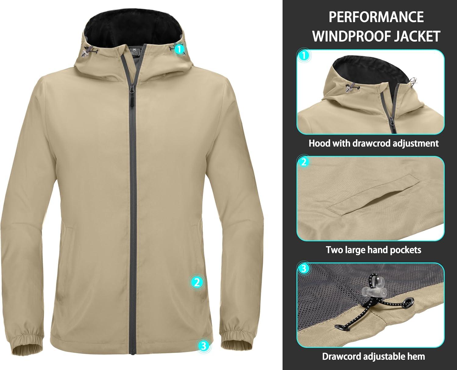 imageLittle Donkey Andy Mens Lightweight Breathable Windbreaker Golf Jacket UPF50 Windproof Outdoor Running CoatHoodiekhaki