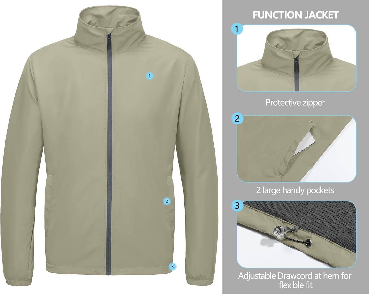 imageLittle Donkey Andy Mens Lightweight Breathable Windbreaker Golf Jacket UPF50 Windproof Outdoor Running CoatStand Collarkhaki