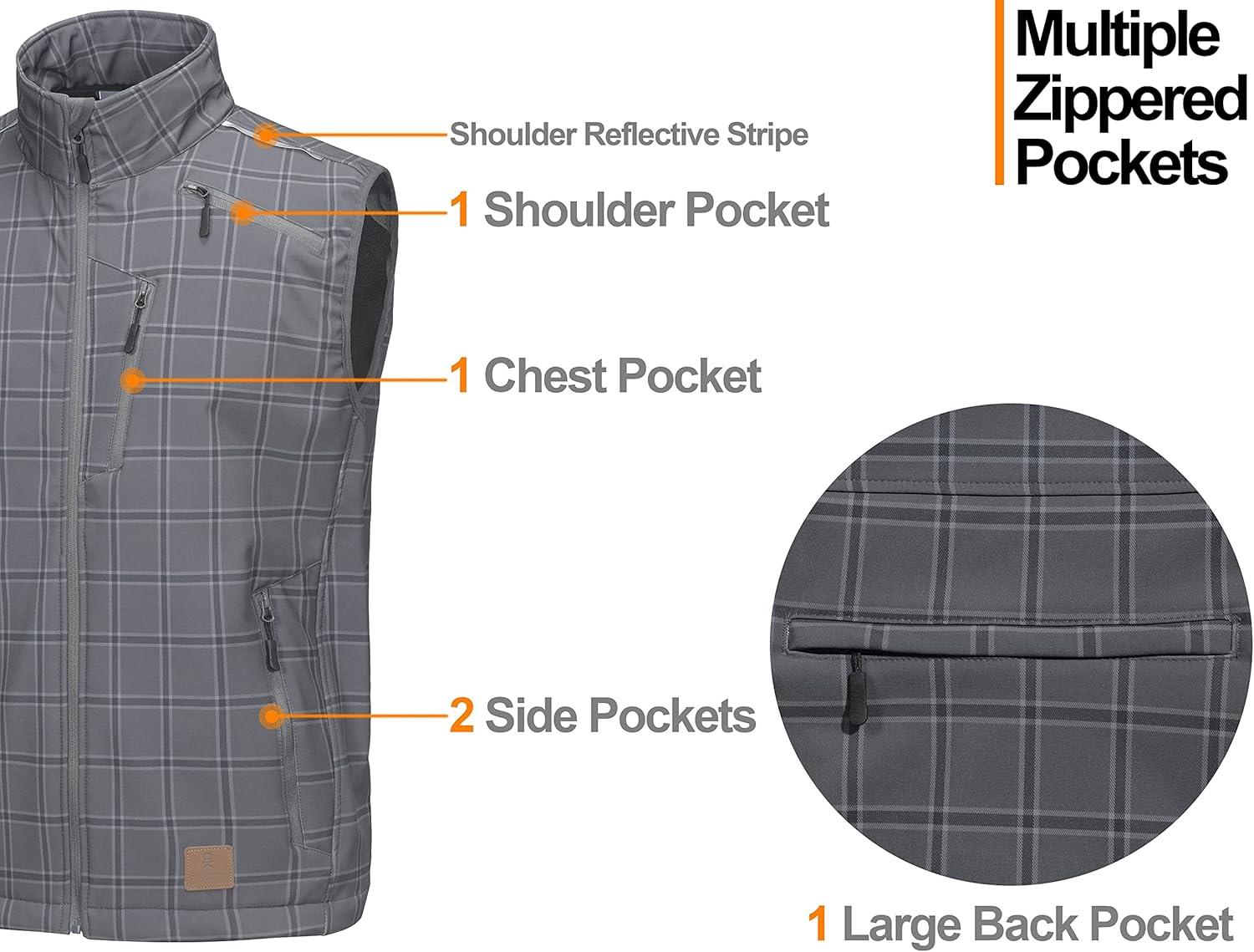 imageLittle Donkey Andy Mens Lightweight Fleece Lined Softshell Vest Windproof Sleeveless Jacket for Hiking Travel GolfGray Plaid