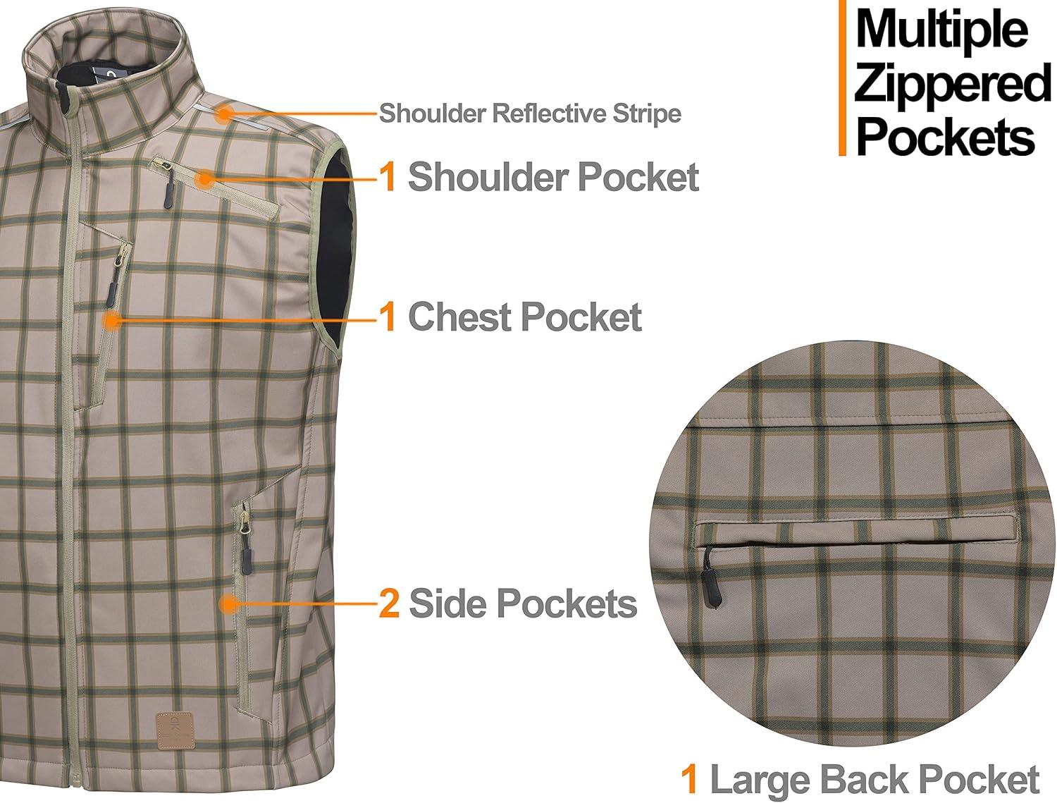 imageLittle Donkey Andy Mens Lightweight Fleece Lined Softshell Vest Windproof Sleeveless Jacket for Hiking Travel GolfGreen Plaid