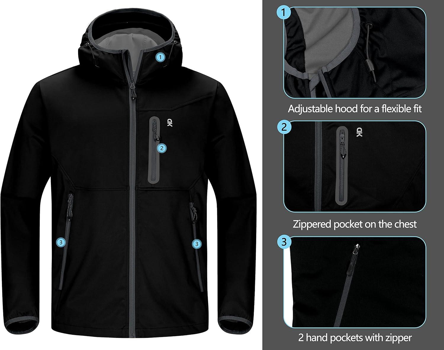 imageLittle Donkey Andy Mens Lightweight Hooded Softshell Jacket for Running Travel Hiking Windproof Outerwear Water RepellentBlack