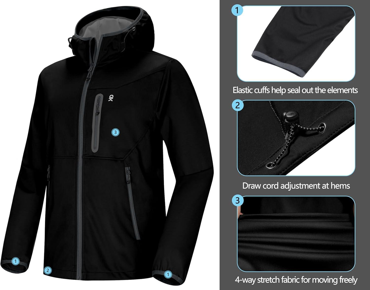imageLittle Donkey Andy Mens Lightweight Hooded Softshell Jacket for Running Travel Hiking Windproof Outerwear Water RepellentBlack