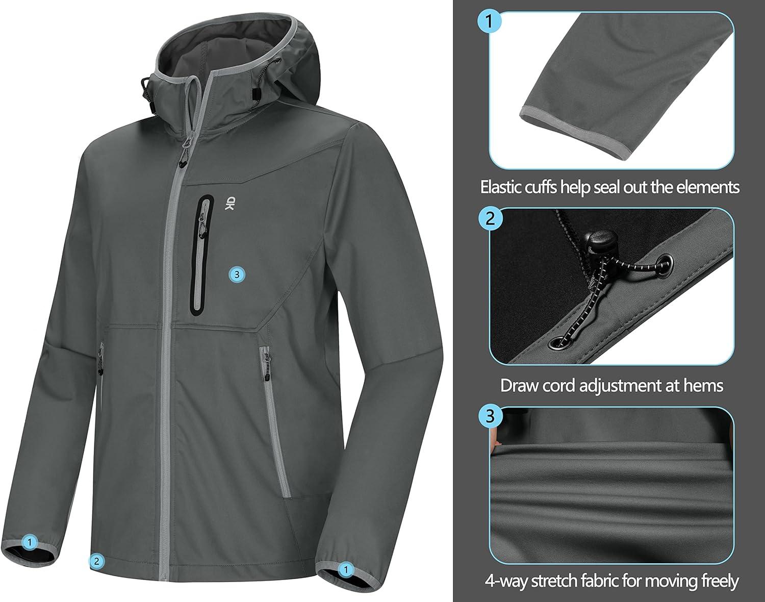 imageLittle Donkey Andy Mens Lightweight Hooded Softshell Jacket for Running Travel Hiking Windproof Outerwear Water RepellentGray