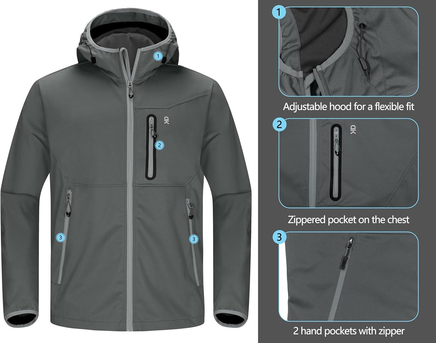 imageLittle Donkey Andy Mens Lightweight Hooded Softshell Jacket for Running Travel Hiking Windproof Outerwear Water RepellentGray