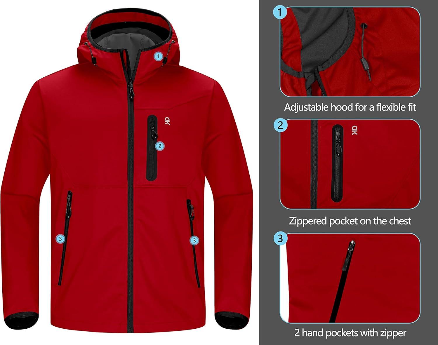 imageLittle Donkey Andy Mens Lightweight Hooded Softshell Jacket for Running Travel Hiking Windproof Outerwear Water RepellentRed
