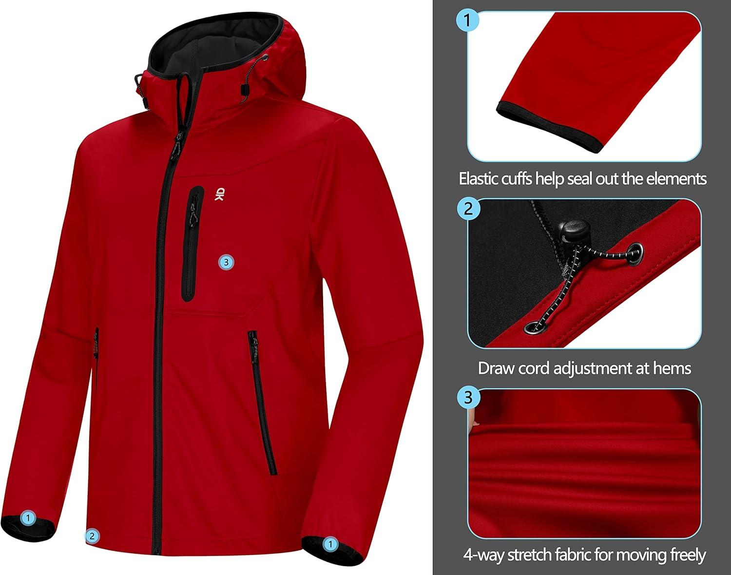 imageLittle Donkey Andy Mens Lightweight Hooded Softshell Jacket for Running Travel Hiking Windproof Outerwear Water RepellentRed