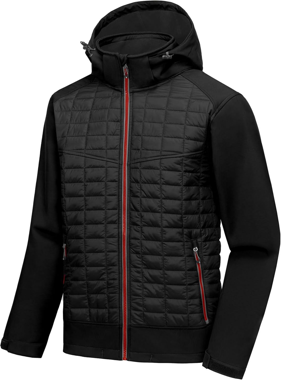 imageLittle Donkey Andy Mens Lightweight Insulated Hybrid Jacket for Hiking Running Ski Thermal Warm with Removable HoodBlack