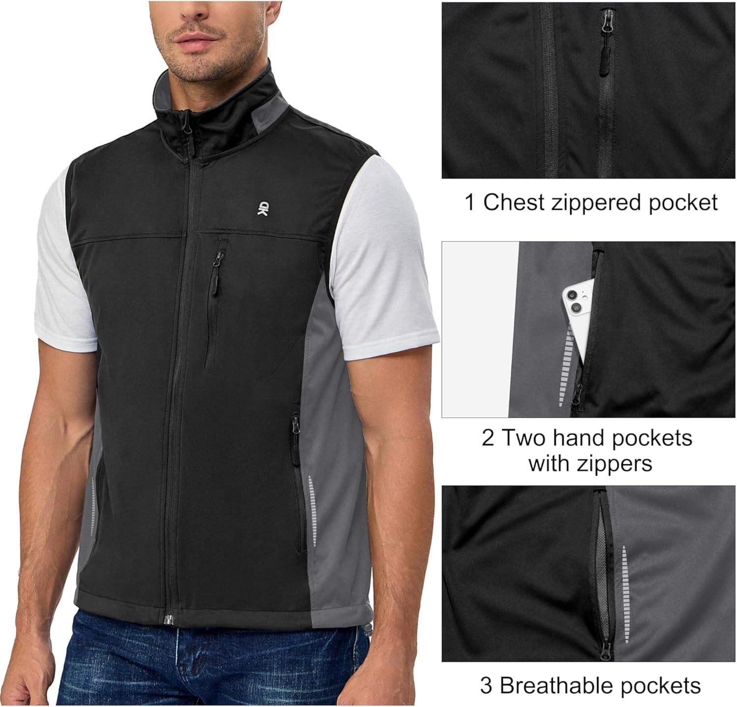 imageLittle Donkey Andy Mens Lightweight Softshell Vest Windproof Sleeveless Jacket for Running Hiking Cycling ReflctiveReflctive Black