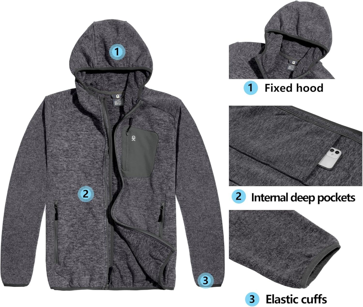 imageLittle Donkey Andy Mens Lightweight Warm Polar Fleece Running Jacket Hooded Full Zip Hiking Golf Casual JacketDeep Grey Heather
