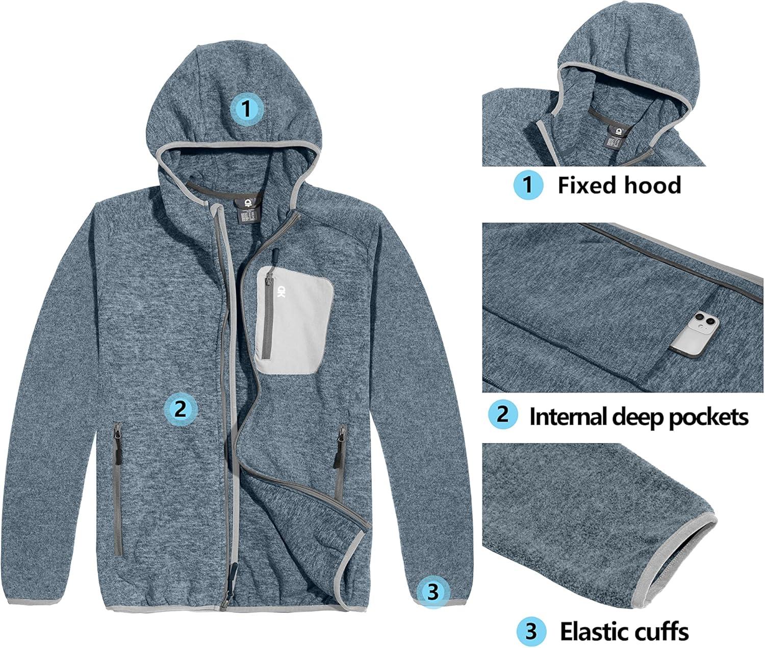 imageLittle Donkey Andy Mens Lightweight Warm Polar Fleece Running Jacket Hooded Full Zip Hiking Golf Casual JacketLight Grey Heather