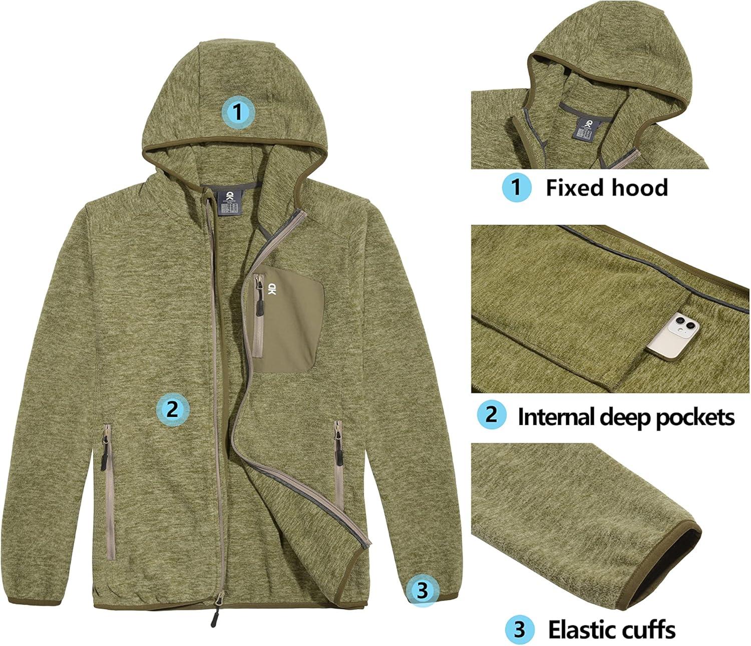 imageLittle Donkey Andy Mens Lightweight Warm Polar Fleece Running Jacket Hooded Full Zip Hiking Golf Casual JacketOlive Green Heather