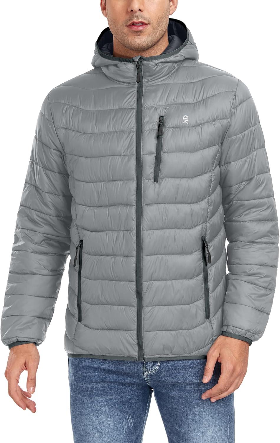 imageLittle Donkey Andy Mens Packable Puffer Jacket Lightweight Hooded Warm Winter Coat with Recycled Insulation S3XLPackablelight Grey