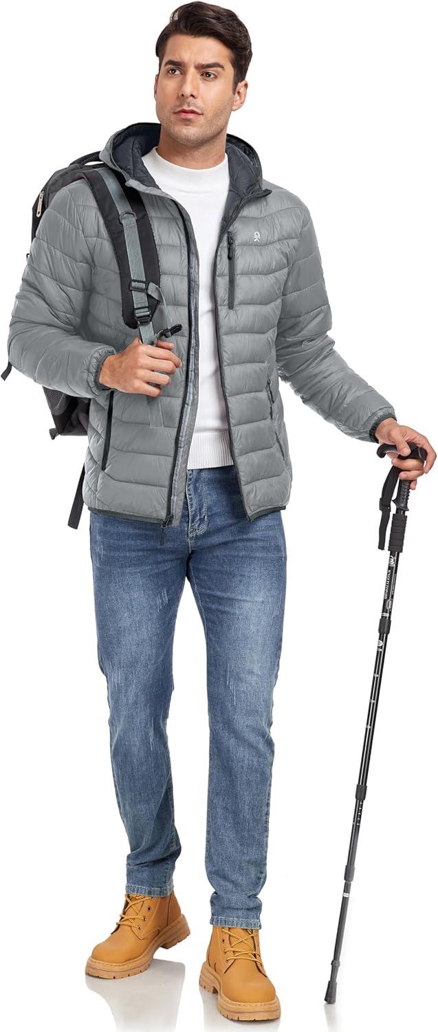 imageLittle Donkey Andy Mens Packable Puffer Jacket Lightweight Hooded Warm Winter Coat with Recycled Insulation S3XLPackablelight Grey