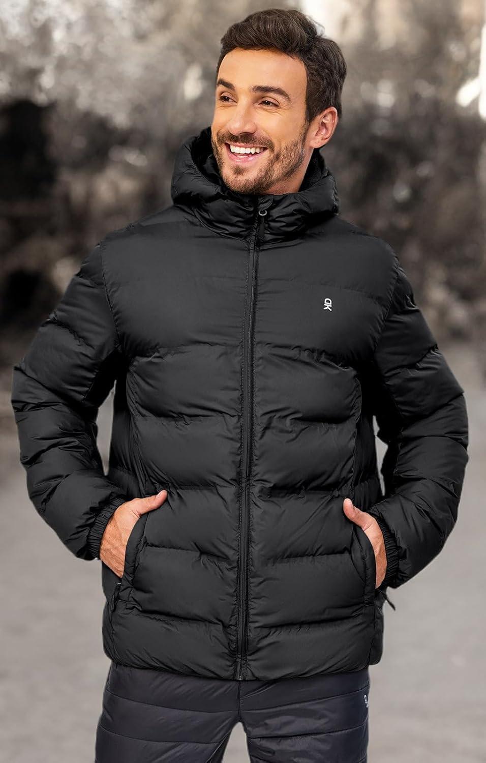 imageLittle Donkey Andy Mens Puffer Jacket Warm Winter Coat with Hood Lightweight Insulated Quilted Jacketss for Snow SkiBlack