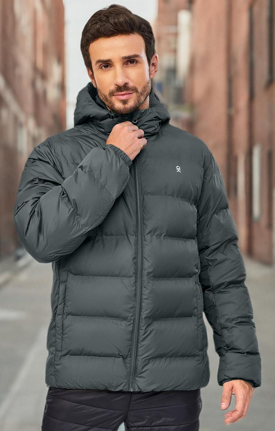 imageLittle Donkey Andy Mens Puffer Jacket Warm Winter Coat with Hood Lightweight Insulated Quilted Jacketss for Snow SkiGrey