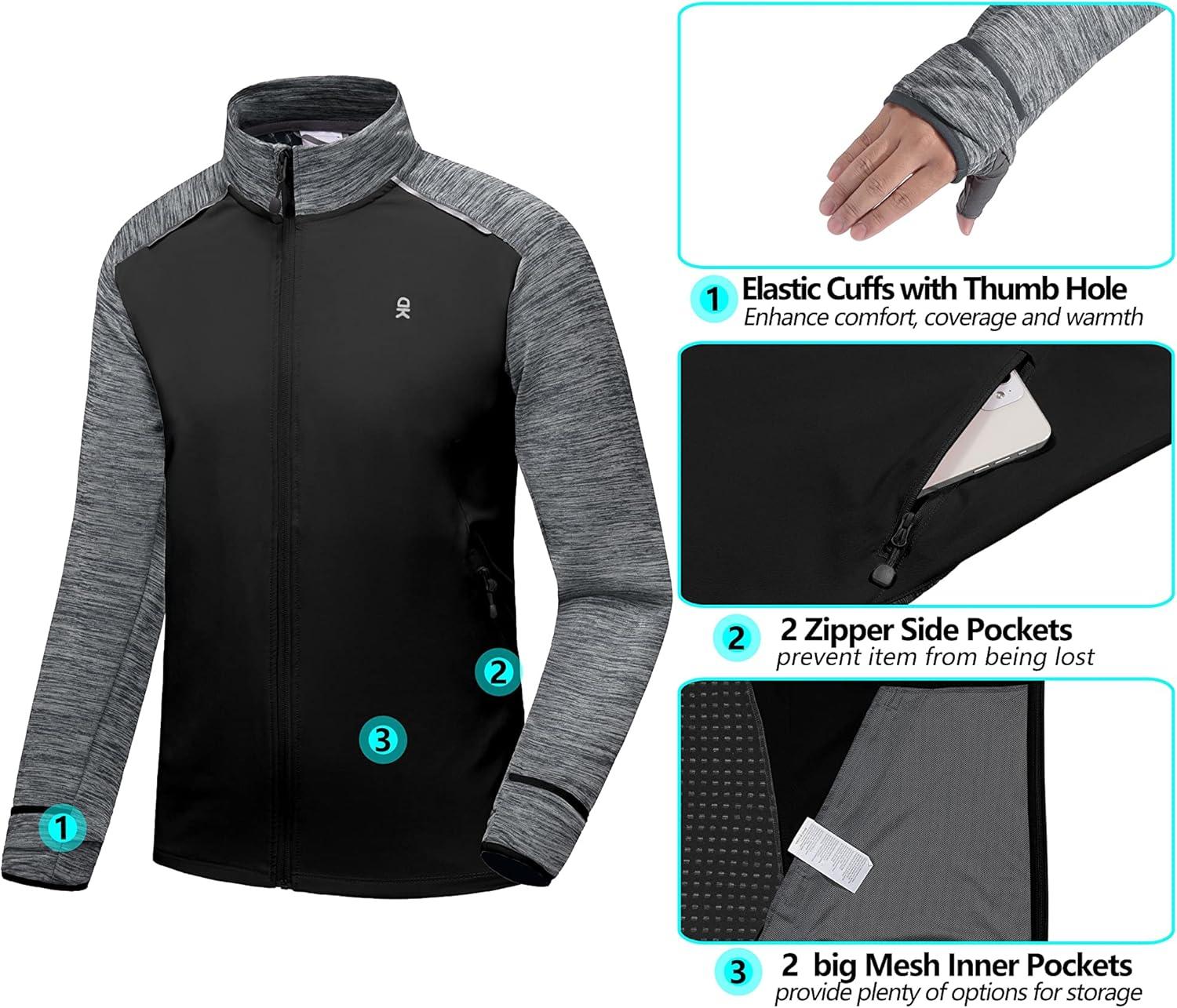 imageLittle Donkey Andy Mens Quick Dry Warm Lightweight Running Jacket Full Zip Thermal Hybrid Thumbholes Golf Track JacketBlack Heather