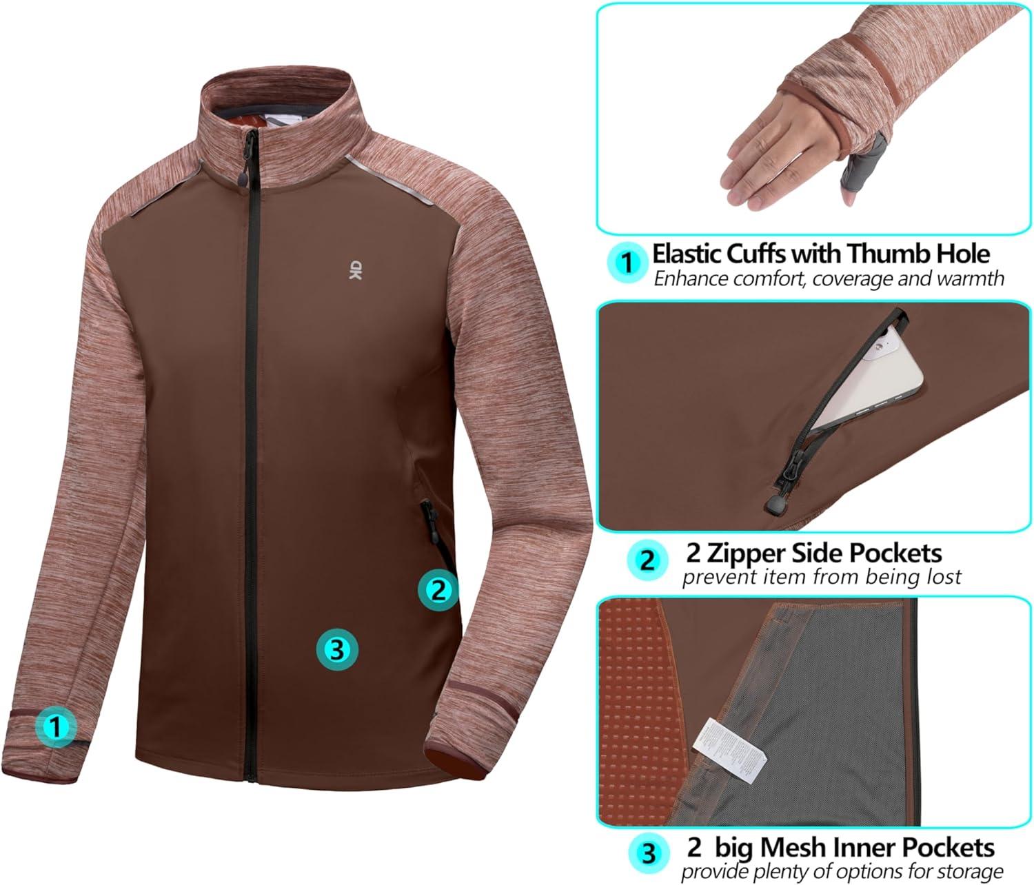 imageLittle Donkey Andy Mens Quick Dry Warm Lightweight Running Jacket Full Zip Thermal Hybrid Thumbholes Golf Track JacketDark BrownRed