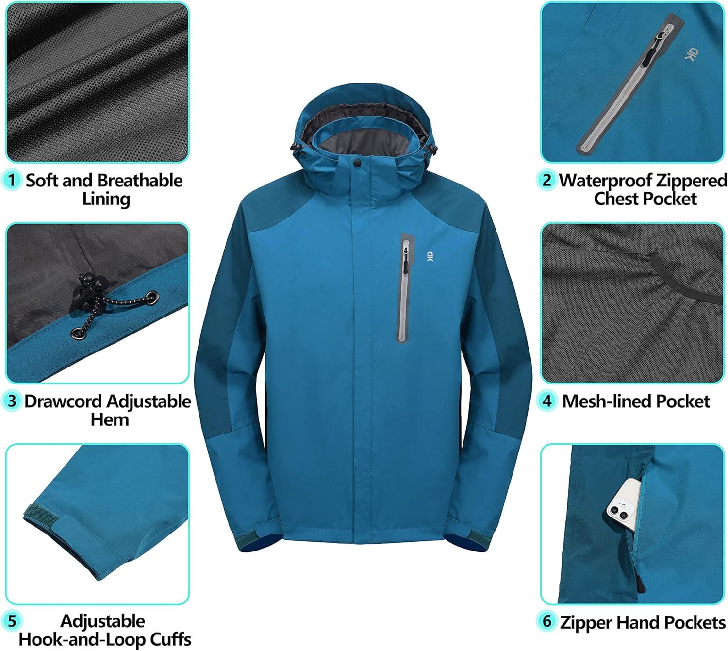 imageLittle Donkey Andy Mens Waterproof Rain Jacket Outdoor Lightweight Hooded Raincoat for Hiking Golf Travel FishingB3mosaic BlueDeep Blue